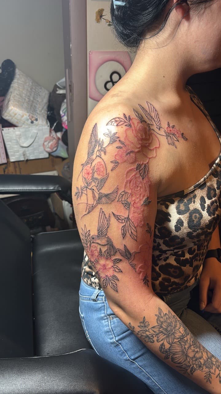 Fine Line + Floral hummingbirds tattoo on Upper Arm by TattedbyJayden on TattMe