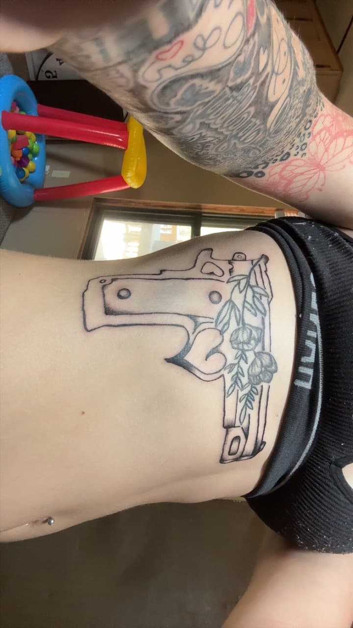 Fine Line + Black & Grey handgun tattoo on Ribs by TattedbyJayden on TattMe