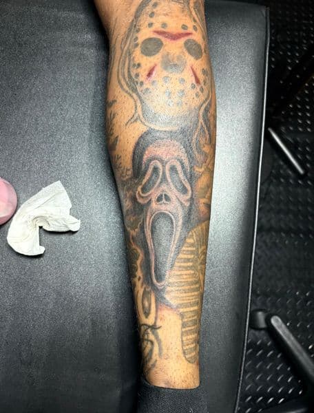 Black & Grey + Horror jason mask tattoo on Calf by TattedbyJayden on TattMe