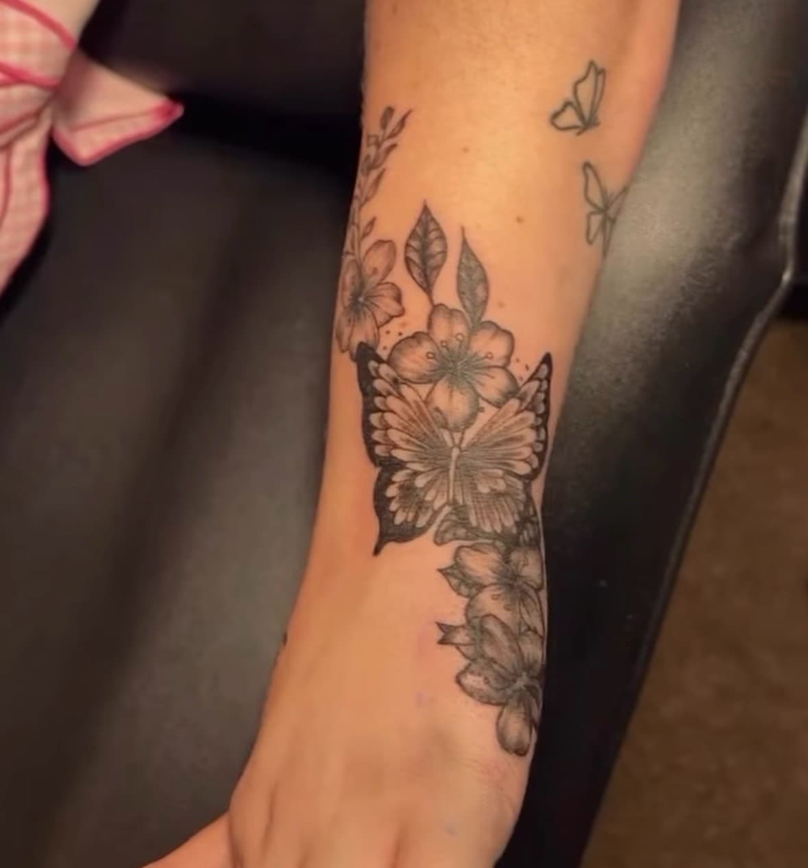 Black & Grey + Floral butterfly tattoo on Forearm by TattedbyJayden on TattMe
