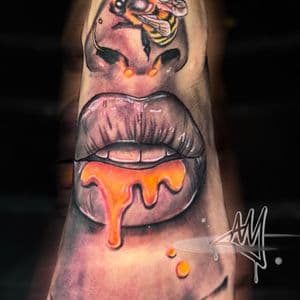 Portraiture + 3D bee lips honey tattoo on Foot by Ayem.ink on TattMe