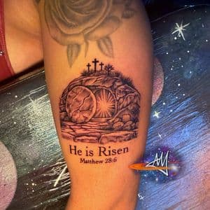 3D + Realism tomb holy spiritual he is risen cross tattoo on Upper Arm by Ayem.ink on TattMe
