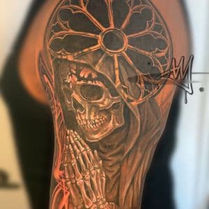 Cover-Ups + Realism skull rose window smoke tattoo on Upper Arm by Ayem.ink on TattMe