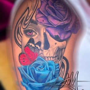 3D + Realism skull woman butterfly rose tattoo on Upper Arm by Ayem.ink on TattMe