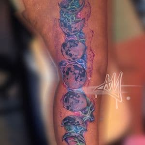 Realism + Color moon phases galaxy stars tattoo on Thigh by Ayem.ink on TattMe