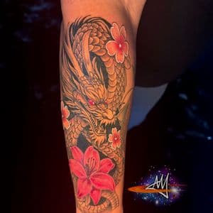 Japanese + Animals dragon lily cherry blossom tattoo on Forearm by Ayem.ink on TattMe