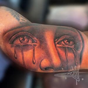 Realism + Portraiture Mary eyes crying tattoo on Upper Arm by Ayem.ink on TattMe