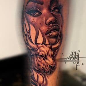 3D + Animals bull Taurus leaves woman tattoo on Calf by Ayem.ink on TattMe