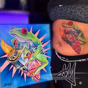 3D + Color frog lighter flame tattoo on Stomach by Ayem.ink on TattMe