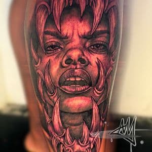 Horror + Portraiture woman teeth scary dark tattoo on Calf by Ayem.ink on TattMe
