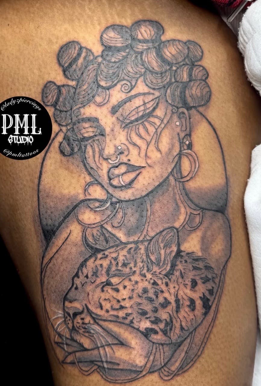 Black & Grey + Illustrative woman tattoo on Thigh by Ladyzpiercings on TattMe