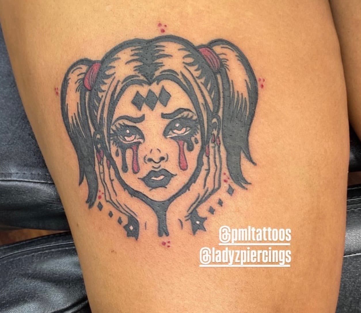 Illustrative + Cartoon girl tattoo on Thigh by Ladyzpiercings on TattMe