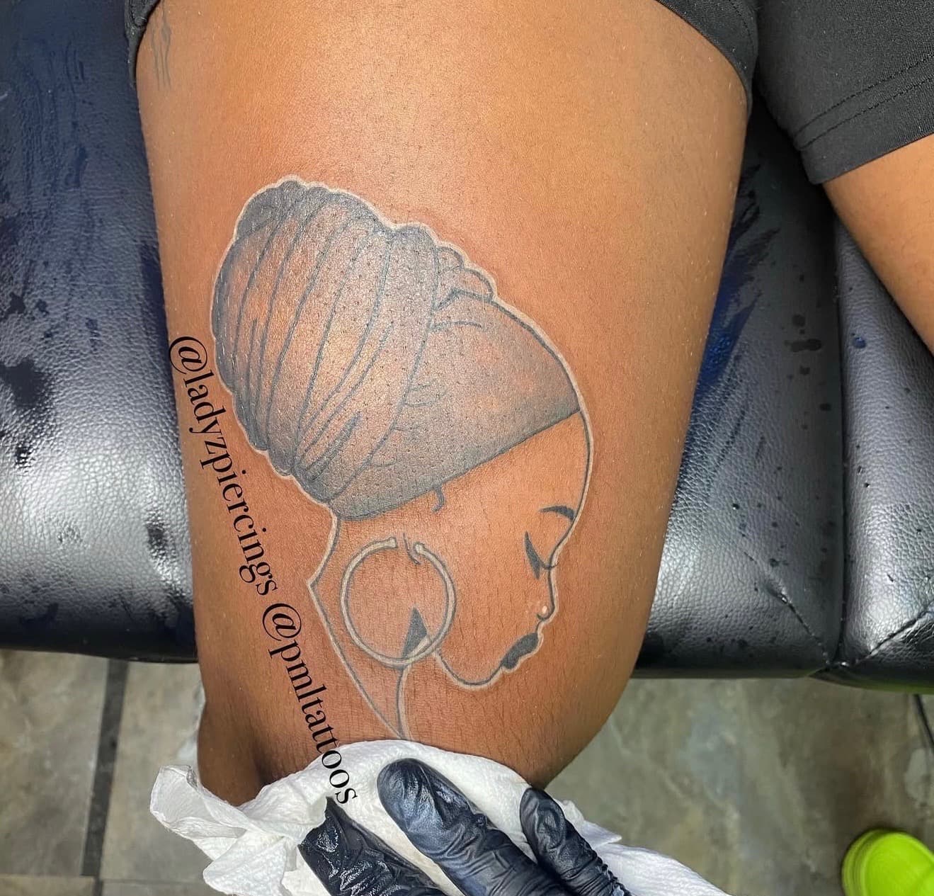 Black & Grey + Illustrative woman tattoo on Thigh by Ladyzpiercings on TattMe