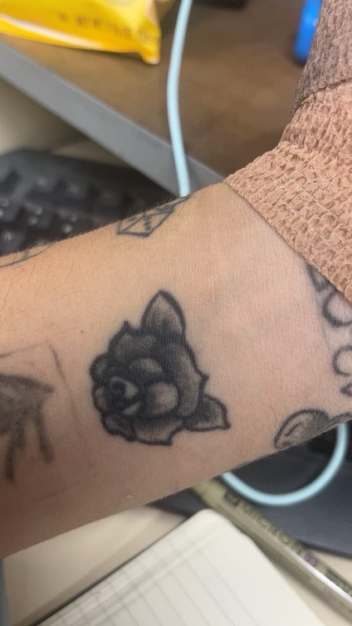 Floral + Black-work rose tattoo on Forearm by Sang_Mythos_Tattoo on TattMe