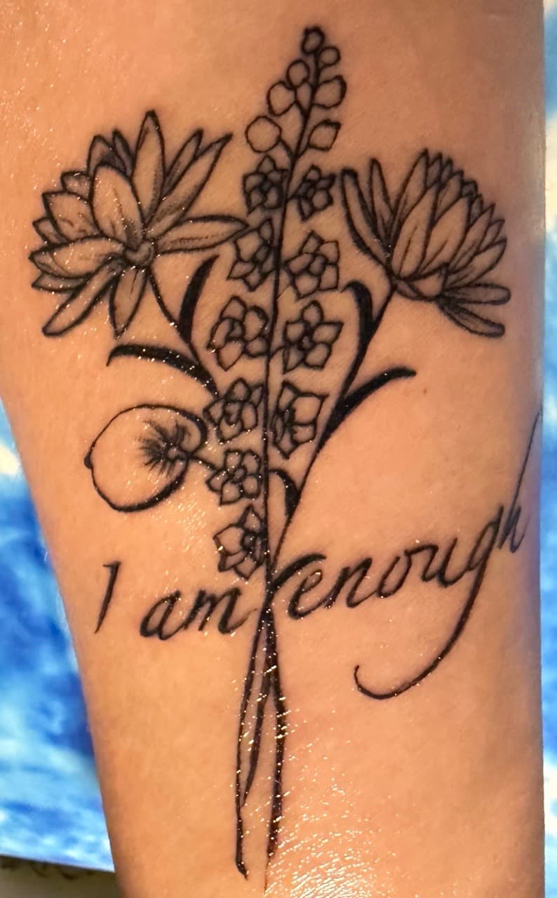 Floral + Lettering flowers tattoo on Forearm by Tattedbykai on TattMe