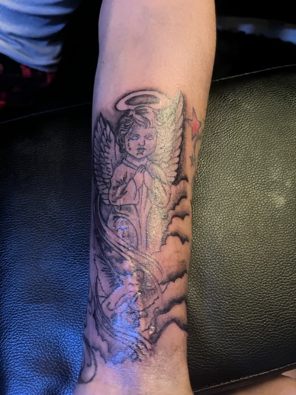 Black & Grey + Illustrative angel tattoo on Forearm by tatsbyautumn on TattMe