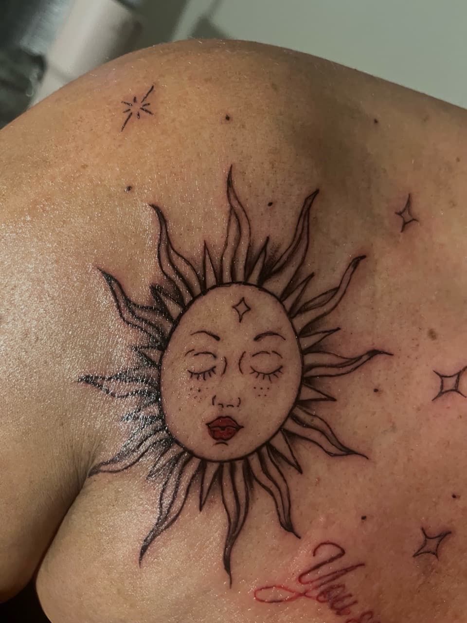 Fine Line + Black-work sun tattoo on Shoulder Blade by tatsbyautumn on TattMe