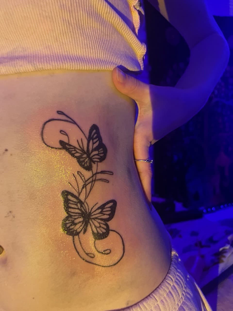 Fine Line + Black-work butterflies tattoo on Ribs by tatsbyautumn on TattMe