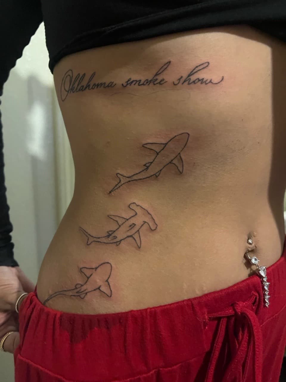 Fine Line + Line-work sharks tattoo on Ribs by tatsbyautumn on TattMe