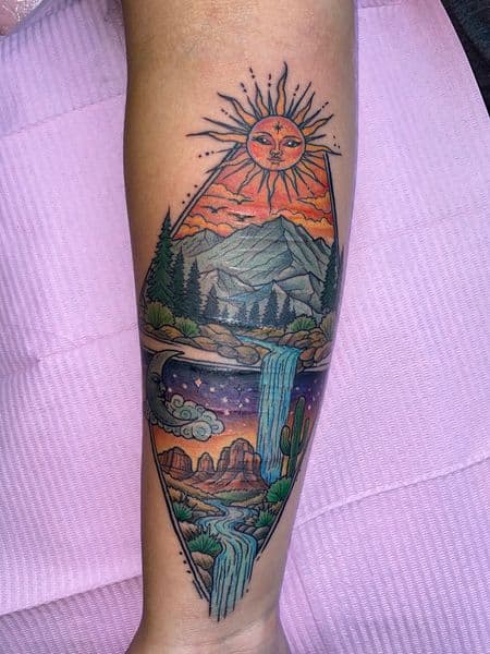 Illustrative + Color sun tattoo on Forearm by MissRitaBaby_Tattoos on TattMe
