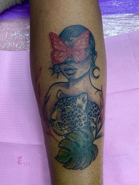 Illustrative + Black-work woman tattoo on Calf by MissRitaBaby_Tattoos on TattMe