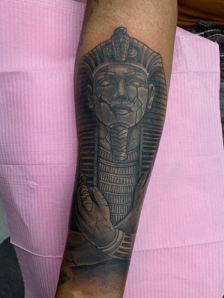Black & Grey + Illustrative pharaoh tattoo on Forearm by MissRitaBaby_Tattoos on TattMe