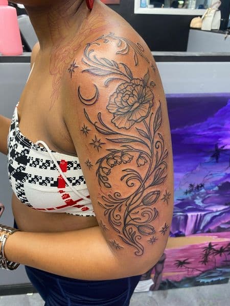 Fine Line + Floral flower tattoo on Upper Arm by MissRitaBaby_Tattoos on TattMe
