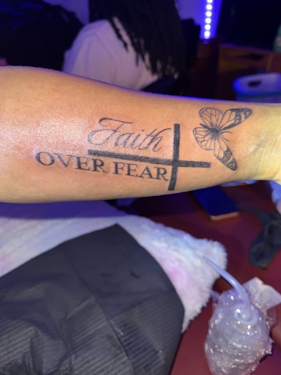 Lettering + Script butterfly tattoo on Forearm by g4.inkz on TattMe