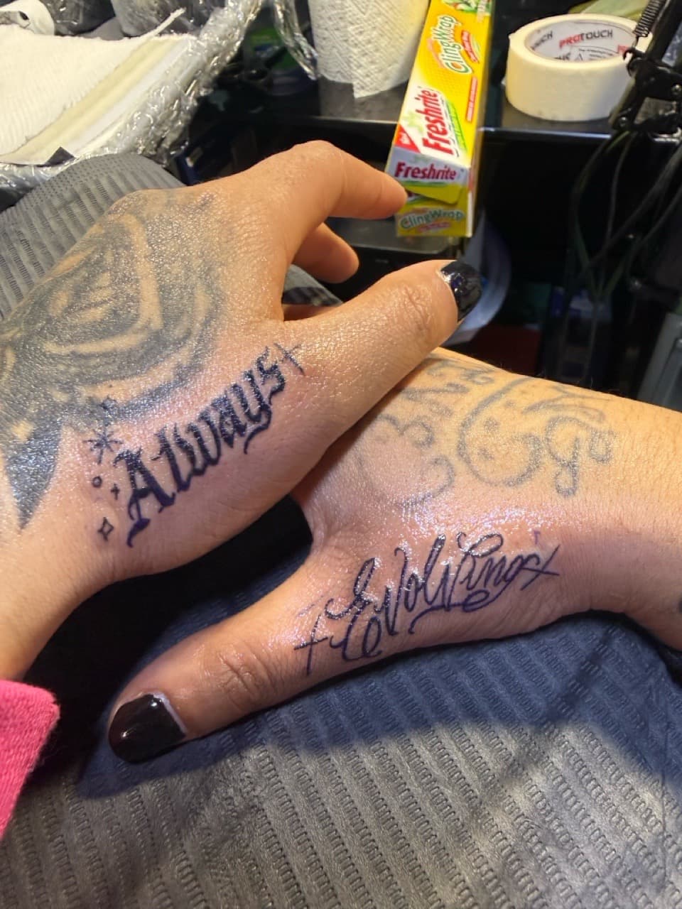 Lettering + Script words tattoo on Hand by g4.inkz on TattMe