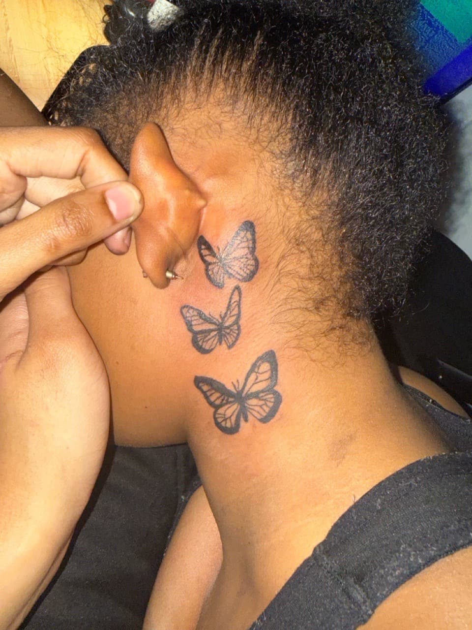 Fine Line + Black-work butterflies tattoo on Behind Ear by g4.inkz on TattMe