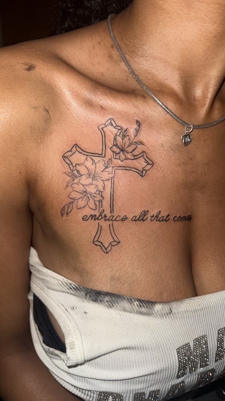 Fine Line + Floral cross tattoo on Sternum by g4.inkz on TattMe