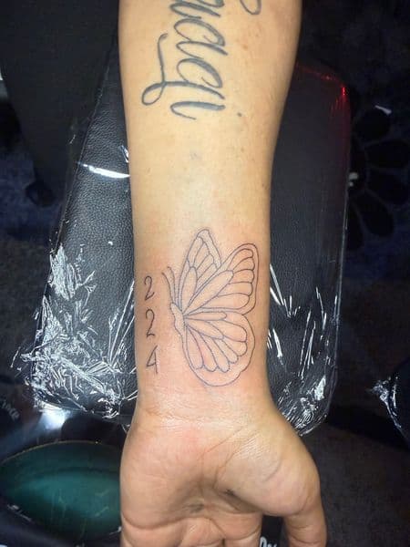 Fine Line + Line-work butterfly tattoo on Wrist by g4.inkz on TattMe