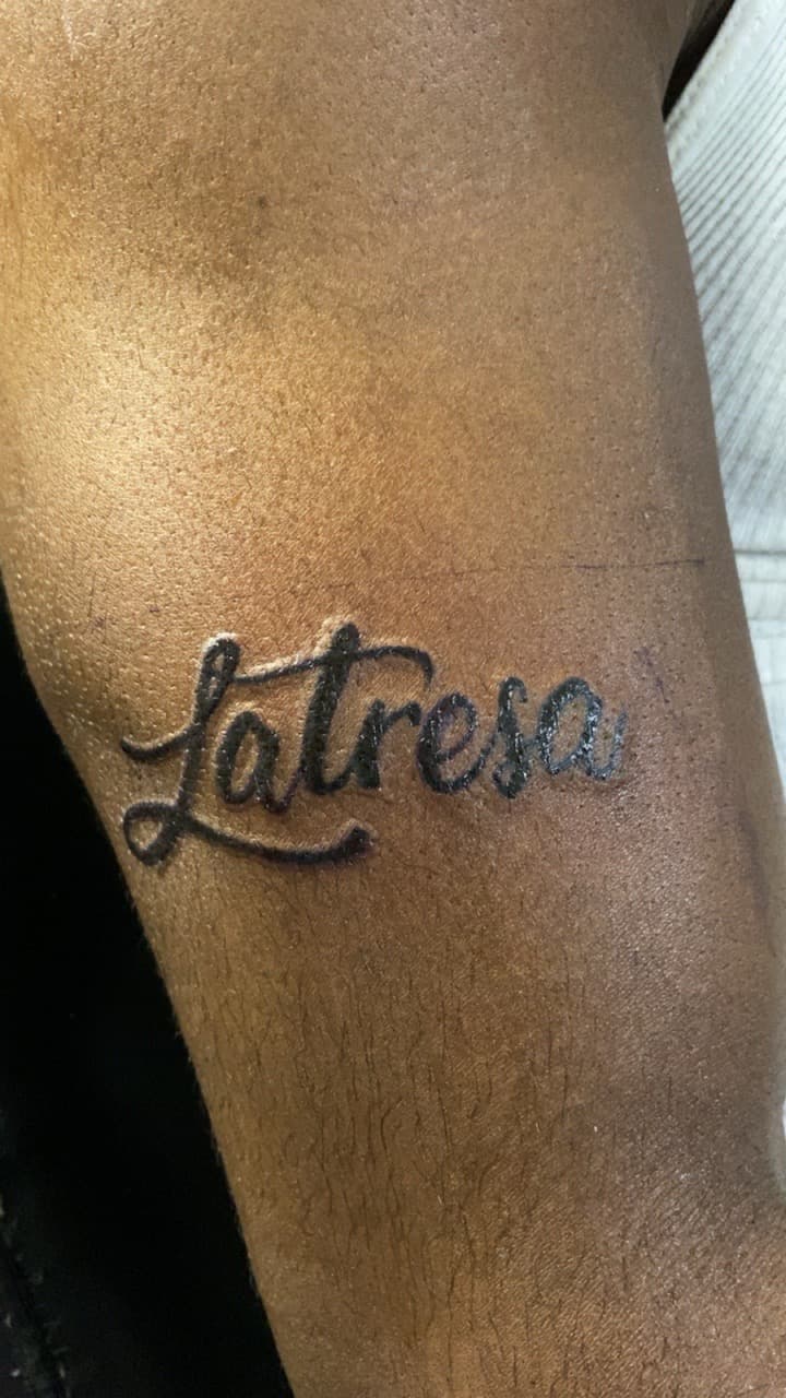 Lettering + Script name tattoo on Upper Arm by Braedan_Sterling on TattMe