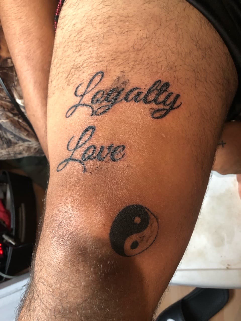 Lettering + Script loyalty tattoo on Thigh by Braedan_Sterling on TattMe