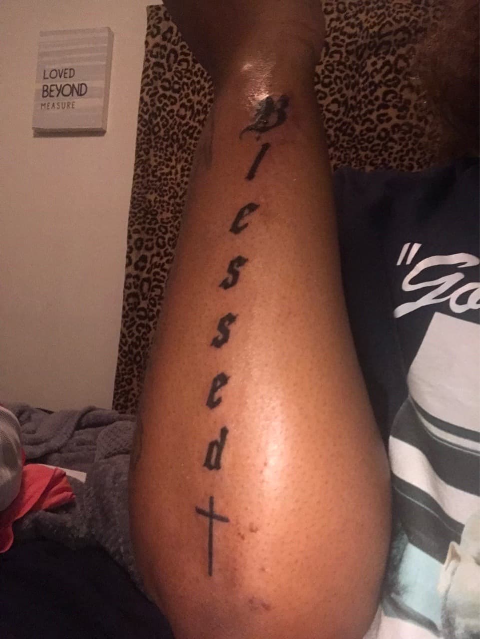 Lettering + Script blessed tattoo on Calf by Braedan_Sterling on TattMe