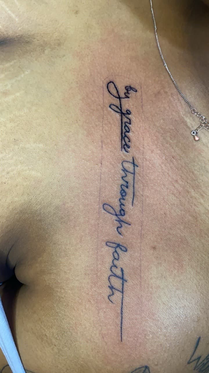 Lettering + Script words tattoo on Sternum by Braedan_Sterling on TattMe