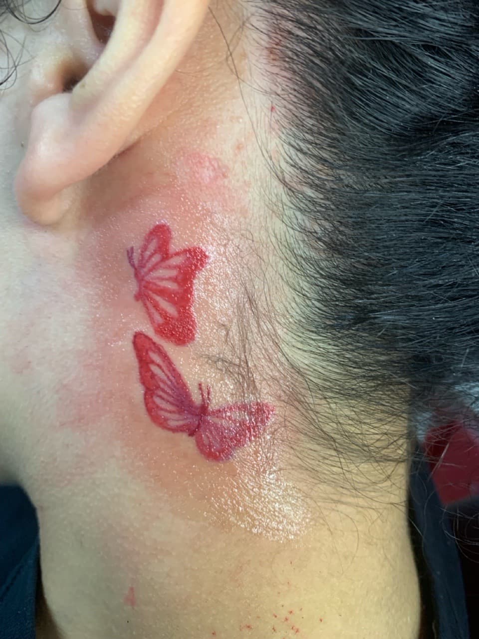 Fine Line + Color butterflies tattoo on Behind Ear by Braedan_Sterling on TattMe
