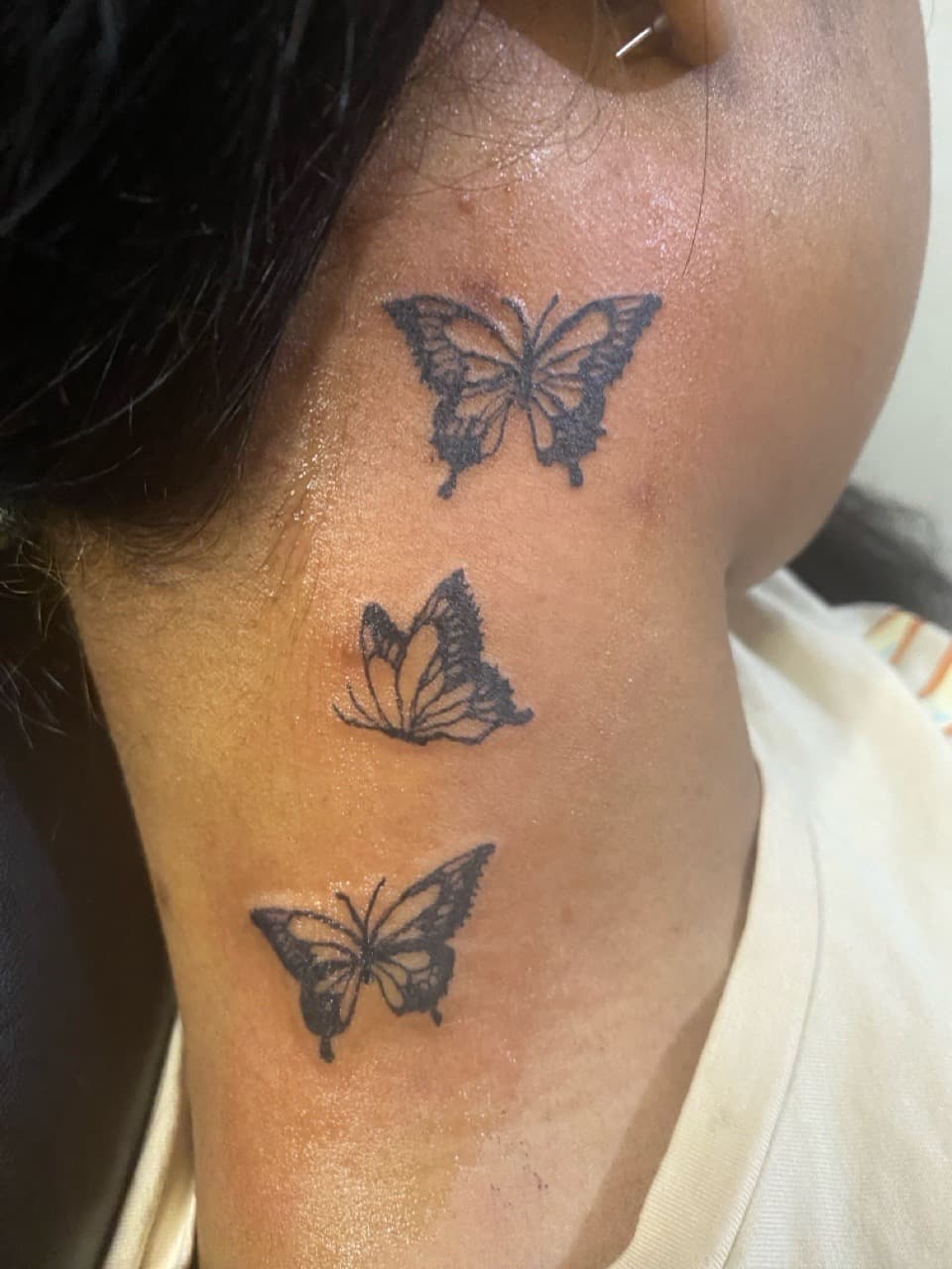 Fine Line + Black-work butterflies tattoo on Neck (Side) by Braedan_Sterling on TattMe