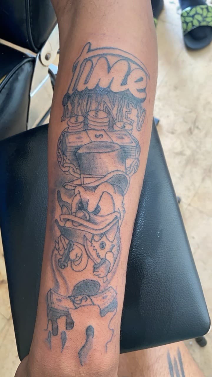 Black & Grey + Cartoon duck tattoo on Forearm by Braedan_Sterling on TattMe