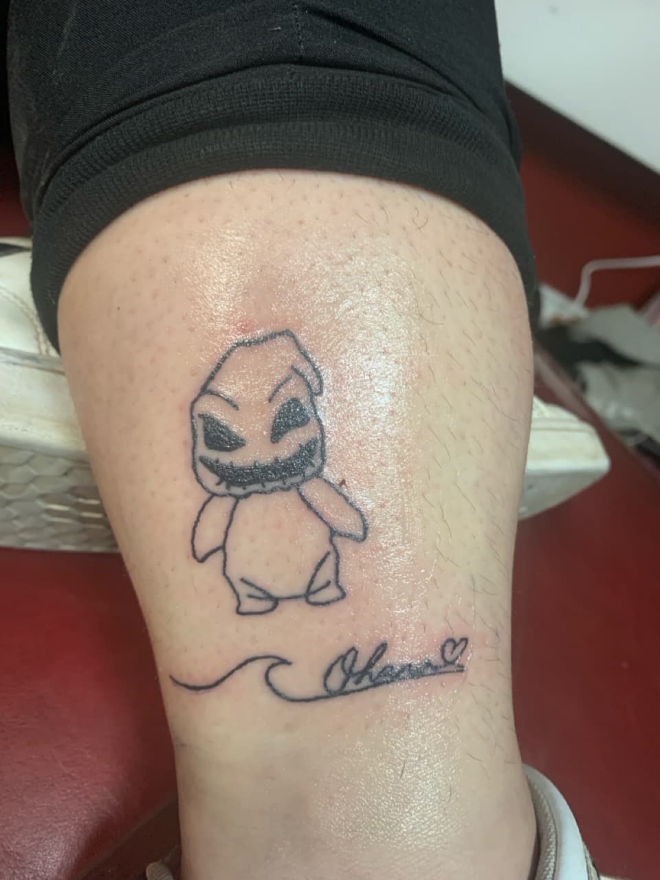 Fine Line + Black-work oogie boogie tattoo on Calf by Braedan_Sterling on TattMe