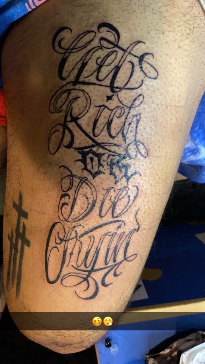 Lettering + Script quote tattoo on Thigh by Braedan_Sterling on TattMe