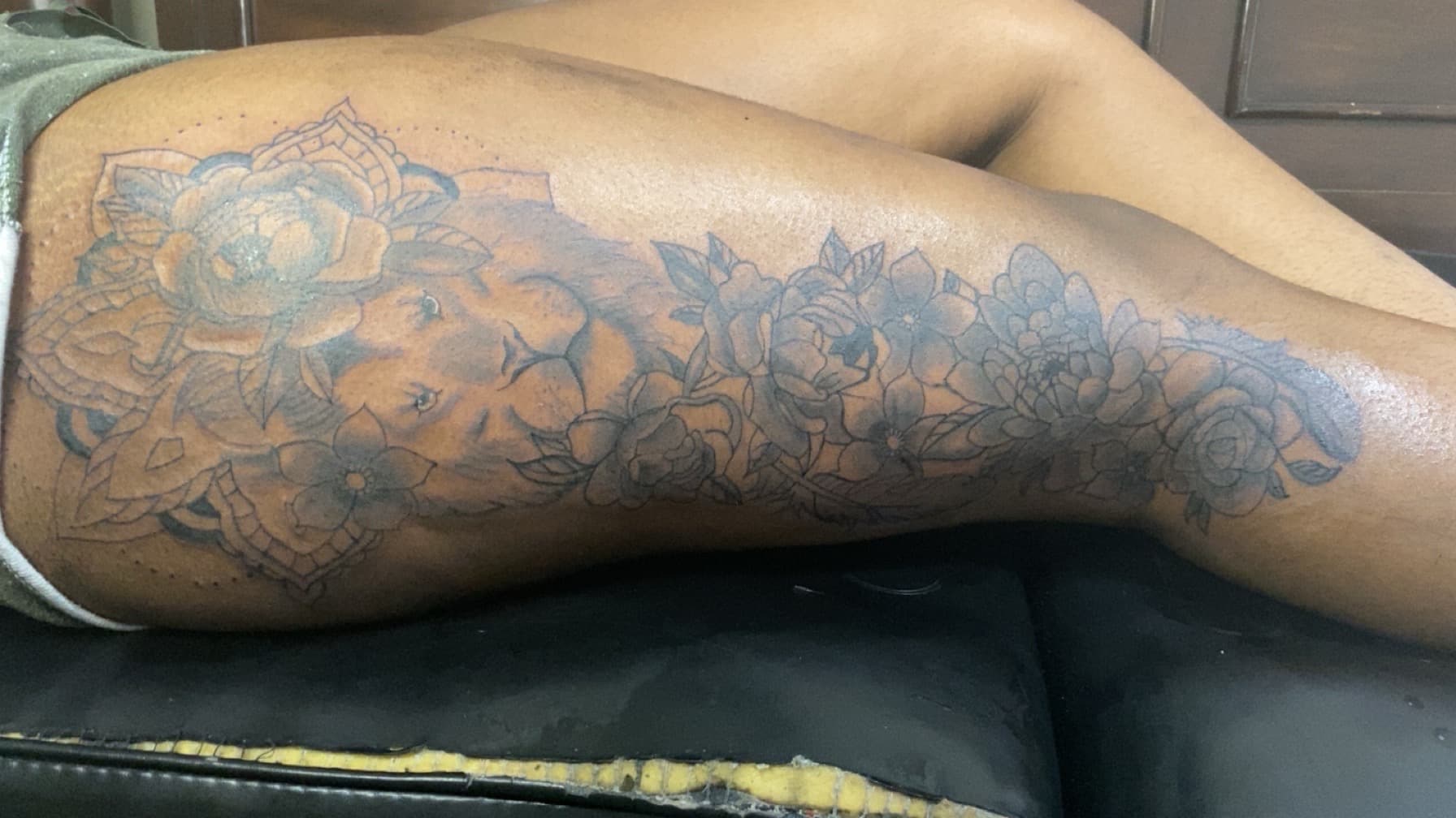 Black & Grey + Floral lion tattoo on Thigh by Braedan_Sterling on TattMe