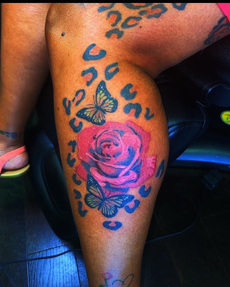 Color + Illustrative rose tattoo on Calf by Fishscale_Images on TattMe