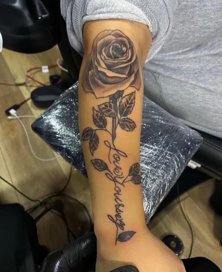 Black & Grey + Floral rose tattoo on Forearm by Fishscale_Images on TattMe