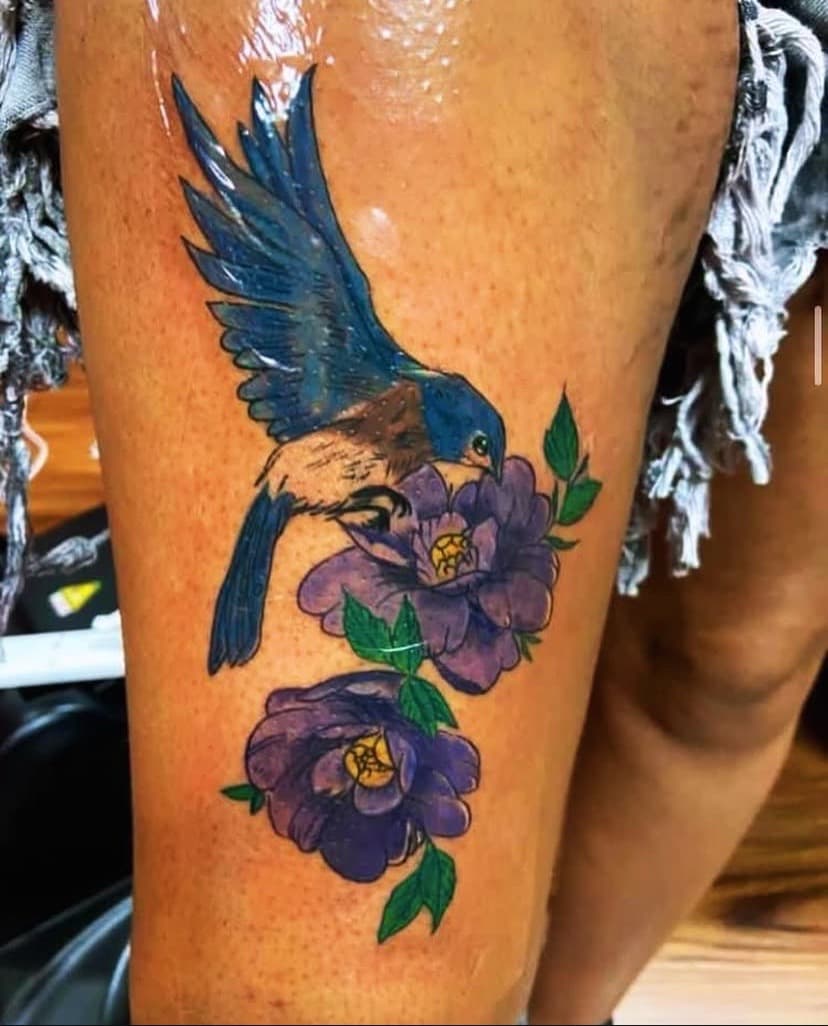 Color + Illustrative bird tattoo on Thigh by Fishscale_Images on TattMe