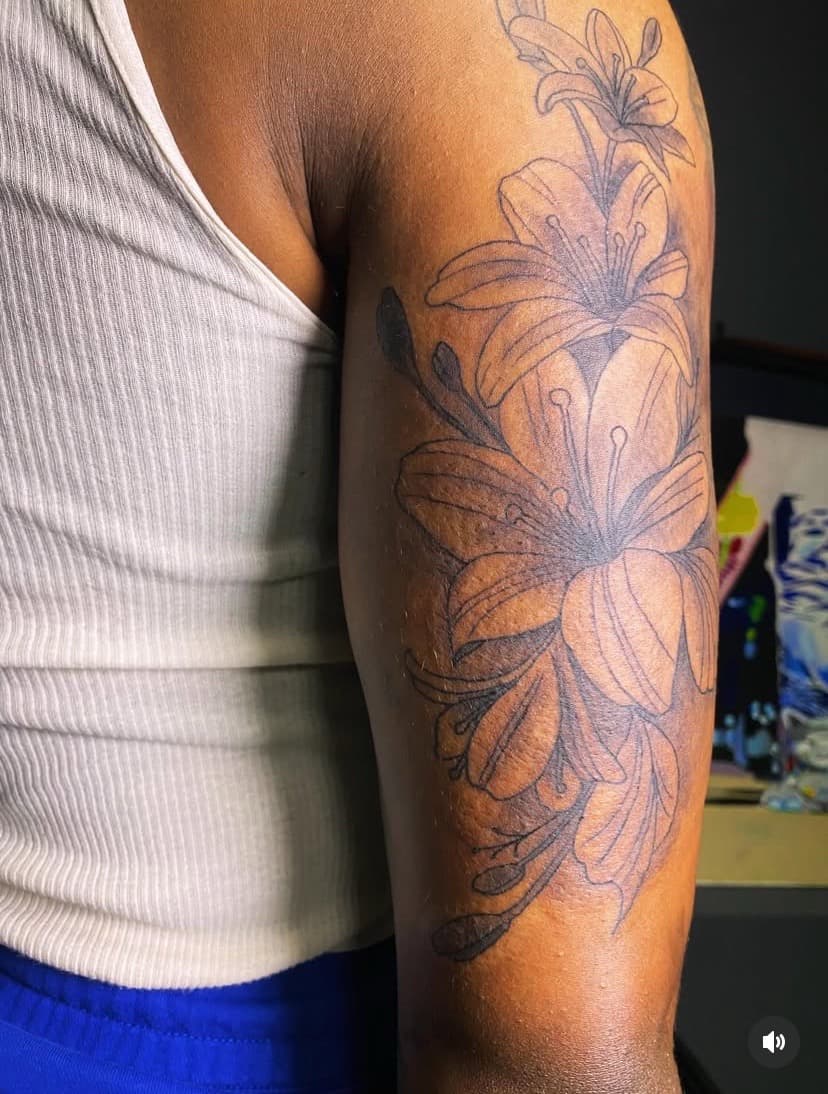 Floral + Line-work flowers tattoo on Upper Arm by Fishscale_Images on TattMe