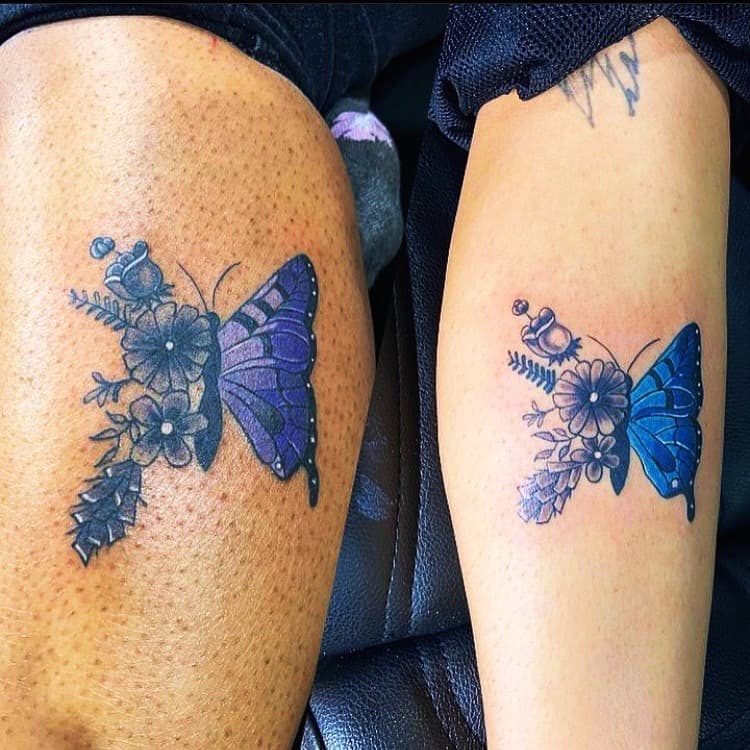 Color + Floral butterfly tattoo on Calf by Fishscale_Images on TattMe
