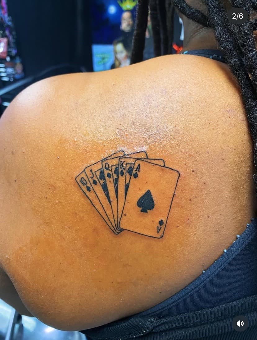Fine Line + Minimalist playing cards tattoo on Shoulder Blade by Fishscale_Images on TattMe