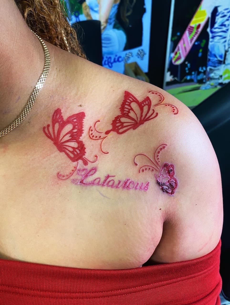 Fine Line + Color butterflies tattoo on Shoulder Blade by Fishscale_Images on TattMe
