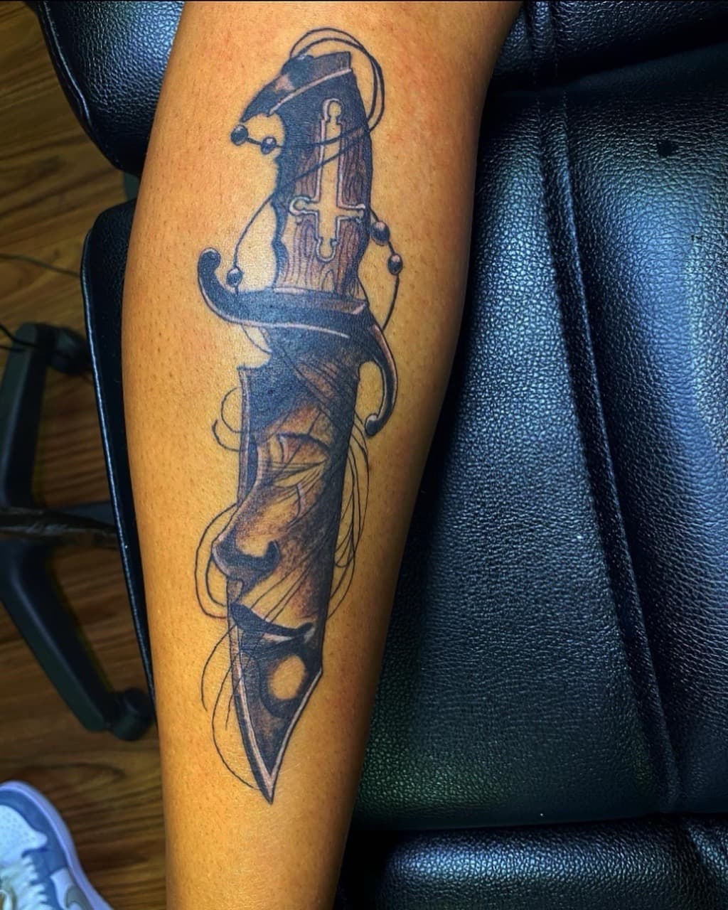 Black & Grey + Illustrative dagger tattoo on Calf by Fishscale_Images on TattMe
